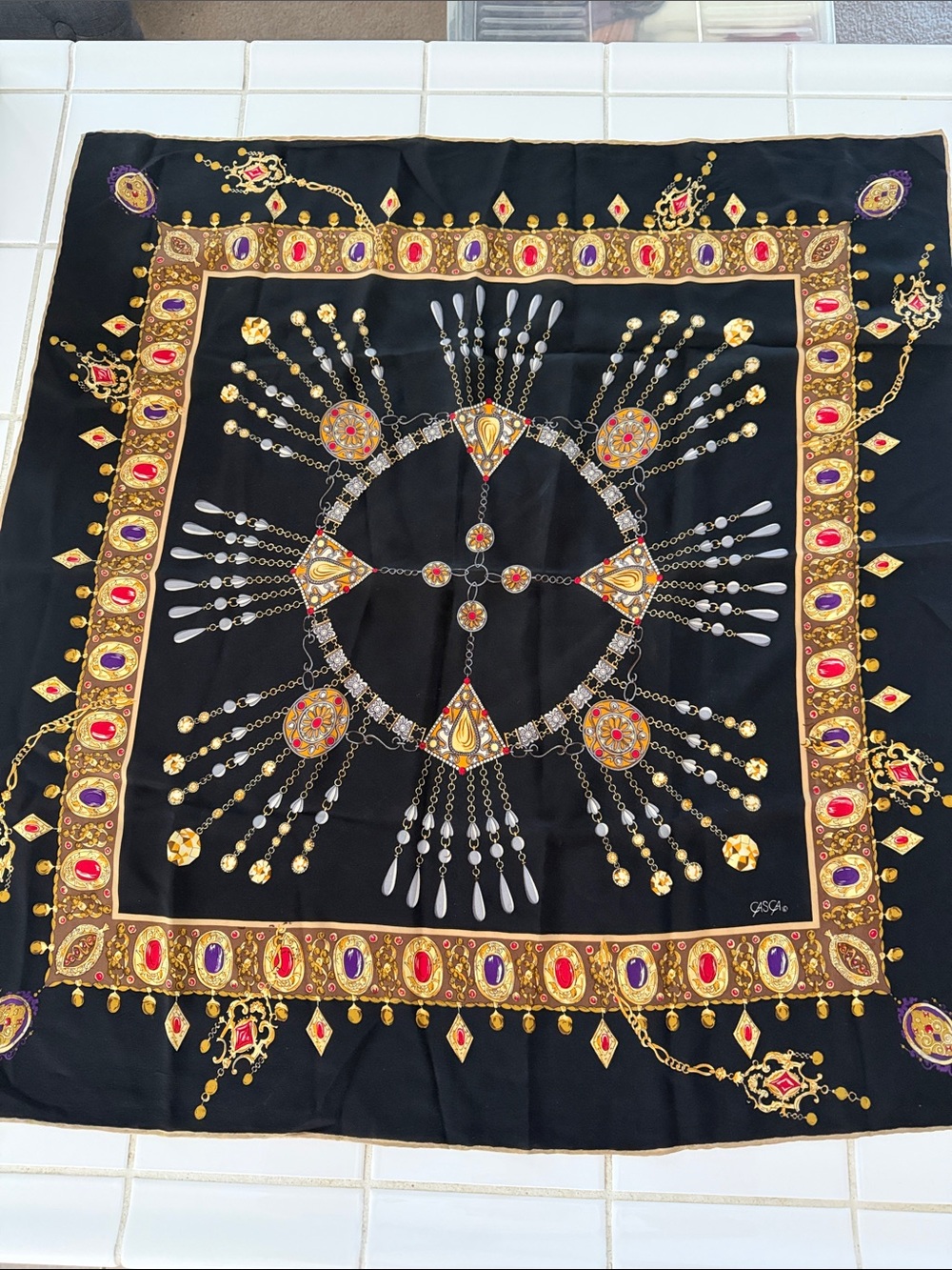 80s Trompe L'Oeil Jewel Status Print Vintage Silk Square Scarf Headscarf CASCA